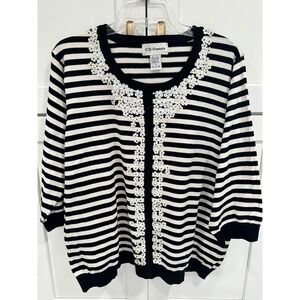 C.D. Daniels Womens 1X Black White Striped Sequin Floral Cardigan Sweater